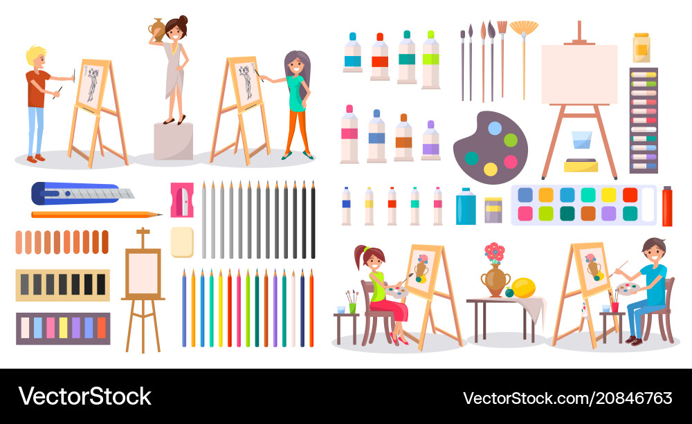 Artists at work and art supplies set Artists at work and art supplies set vector image