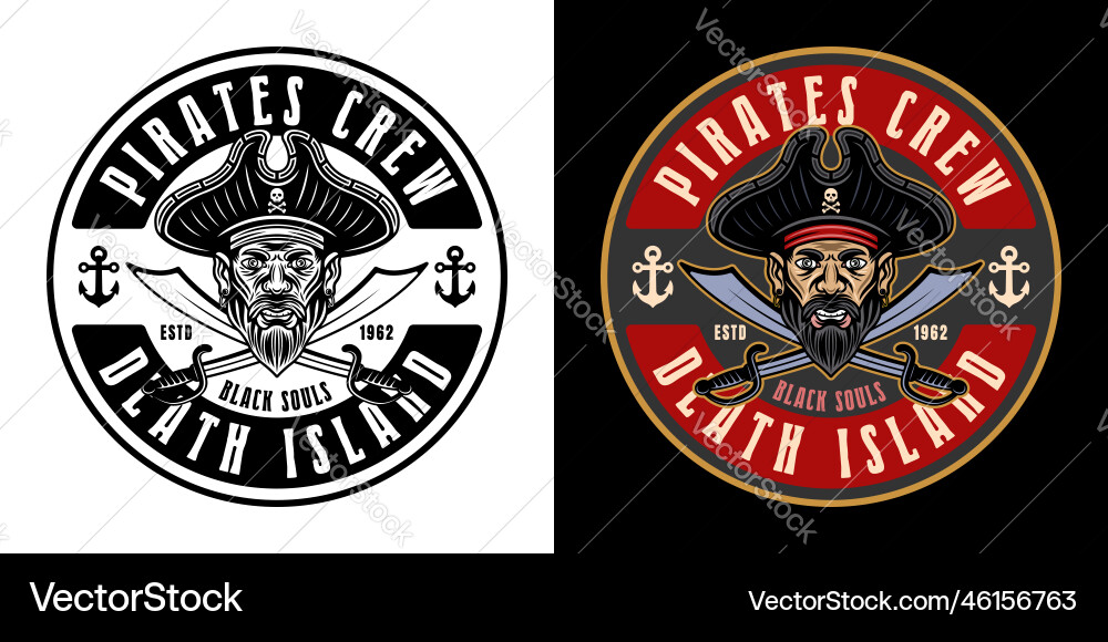 Pirates round emblem with men head and two vector image