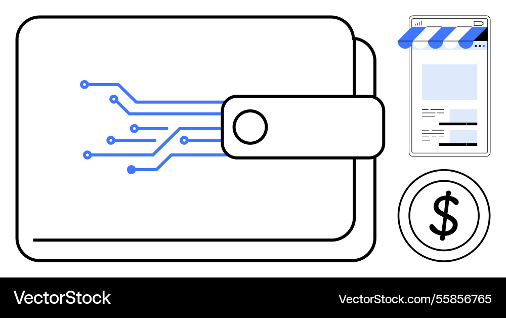 Digital wallet with circuit lines connecting e Digital wallet with circuit lines connecting e Vector Image