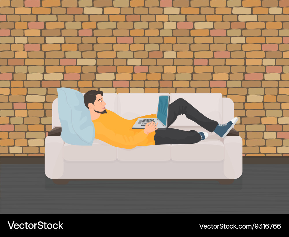 Man lying relaxing on the sofa couch and using vector image