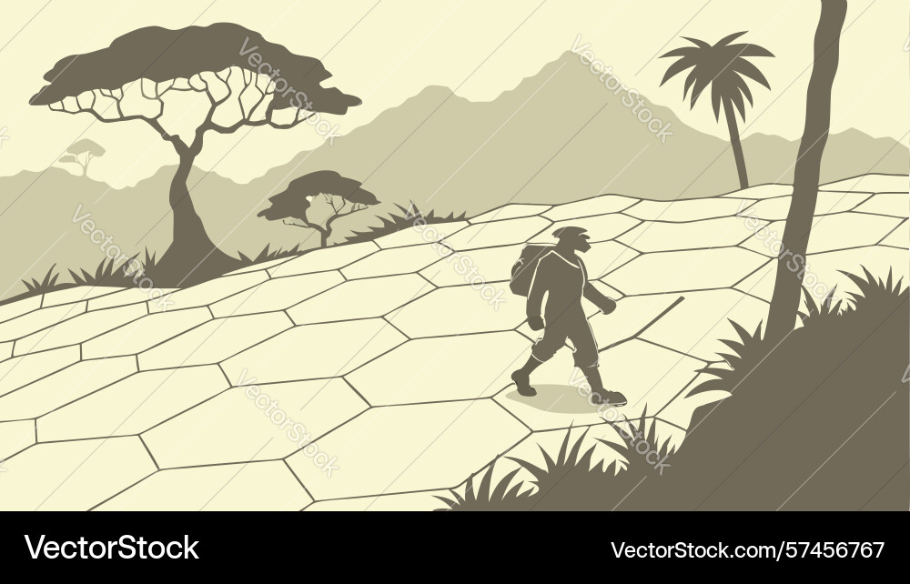 Hiker and tree on a hexagonal path exploring vector image