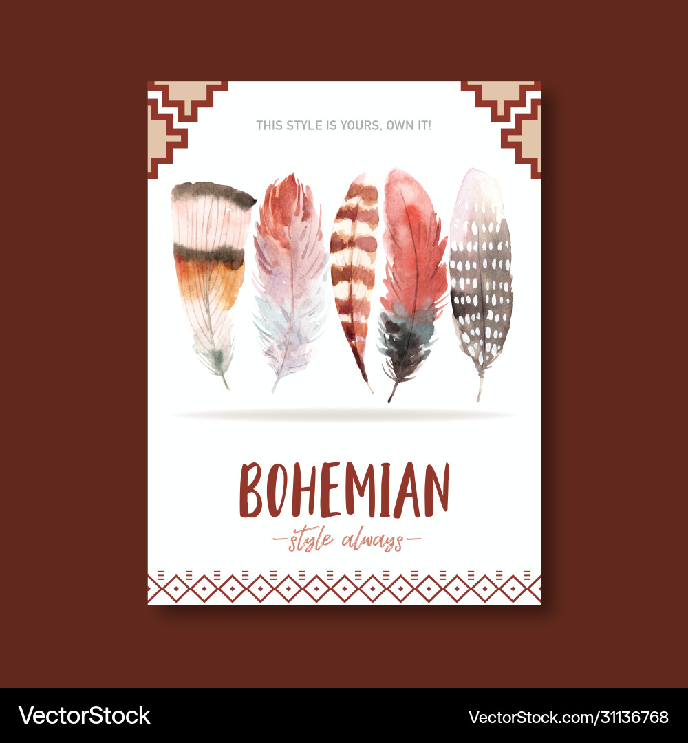 Bohemian poster design with various feathers Vector Image