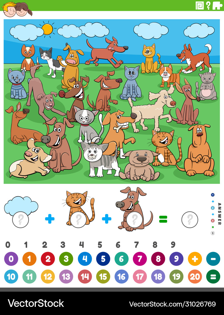Counting and adding task with cartoon pet animals Counting and adding task with cartoon pet animals vector image