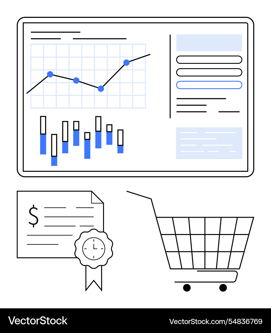 Data analysis display with shopping Data analysis display with shopping vector image