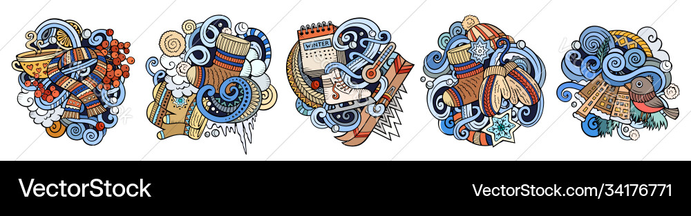 Winter cartoon doodle designs set Winter cartoon doodle designs set vector image