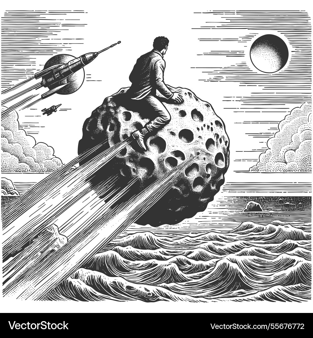 Man riding an asteroid through outer space vector image