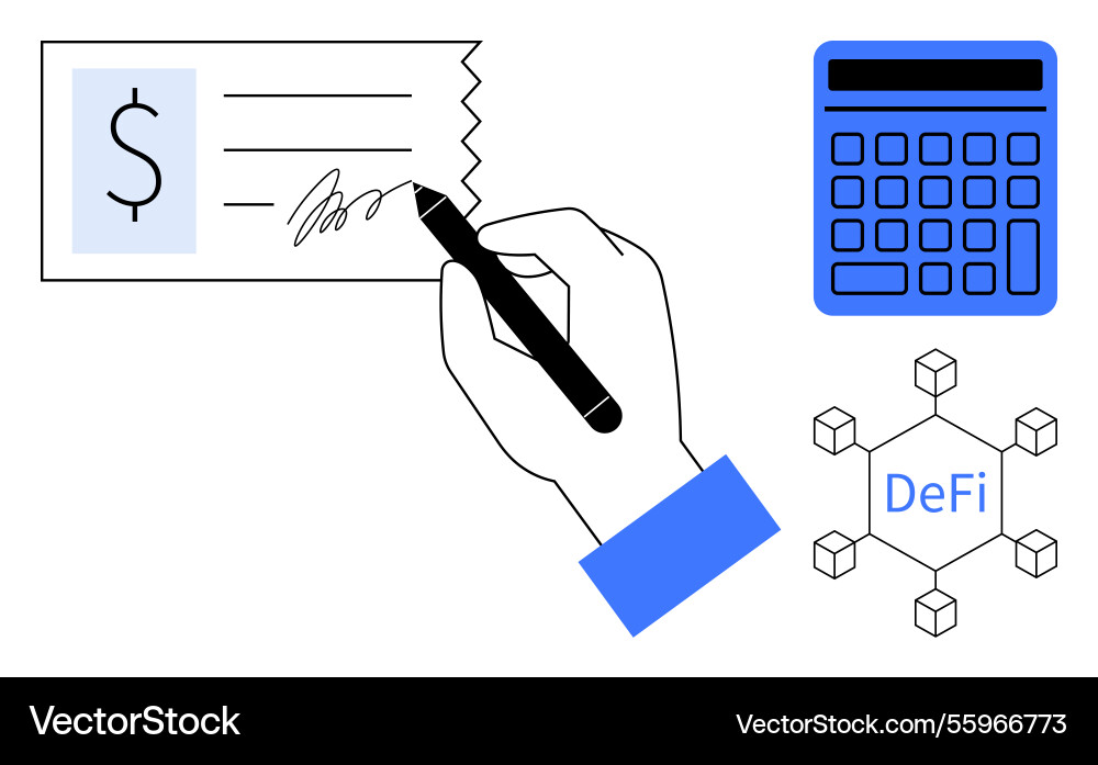 Hand signing check with blockchain elements Vector Image