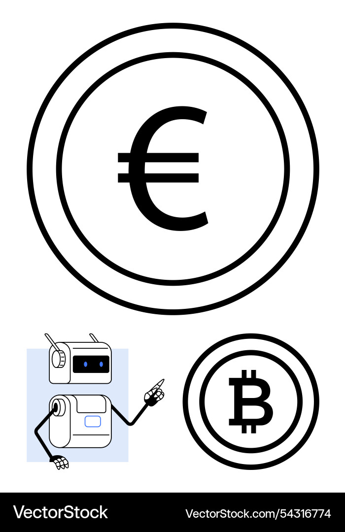 Euro and bitcoin coins with robot character Euro and bitcoin coins with robot character vector image