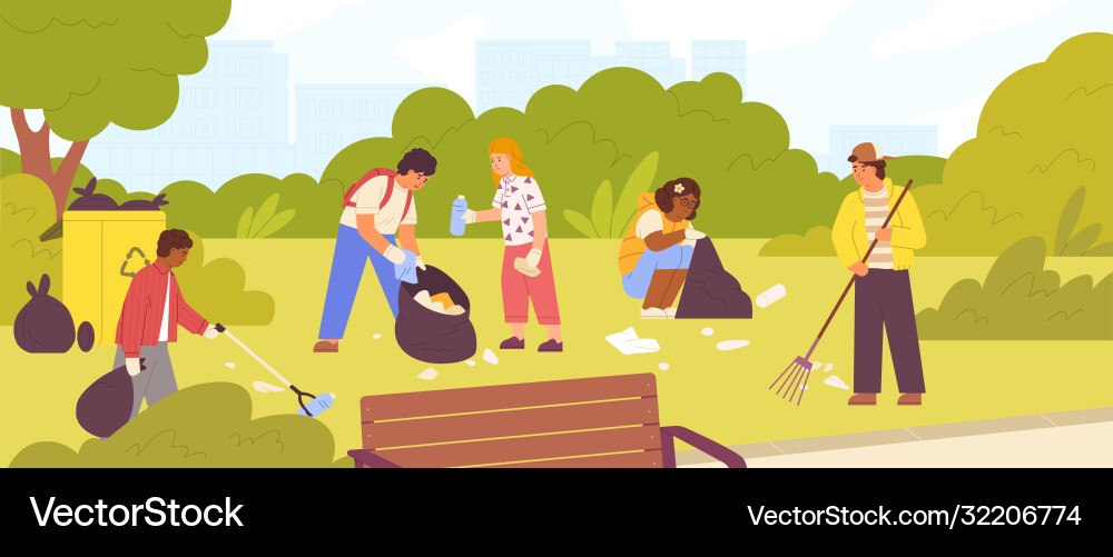 Gruppe verschiedene Kinder Reinigung Stadtpark Gruppe verschiedene Kinder Reinigung Stadtpark vektorbild
