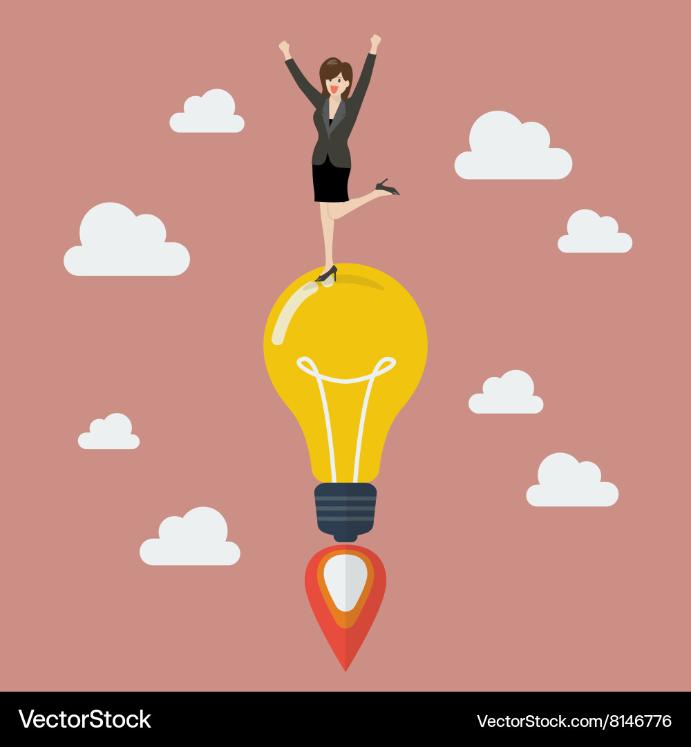 Woman Celebrating on Lightbulb Rocket Vector Image