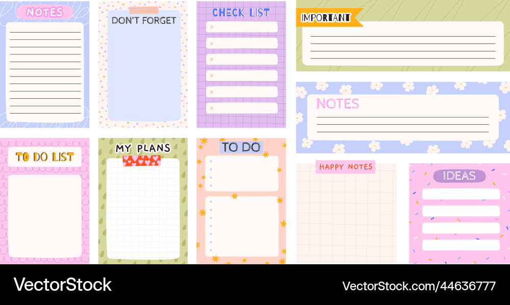 Notepads sheets template cartoon kids planner Notepads sheets template cartoon kids planner vector image