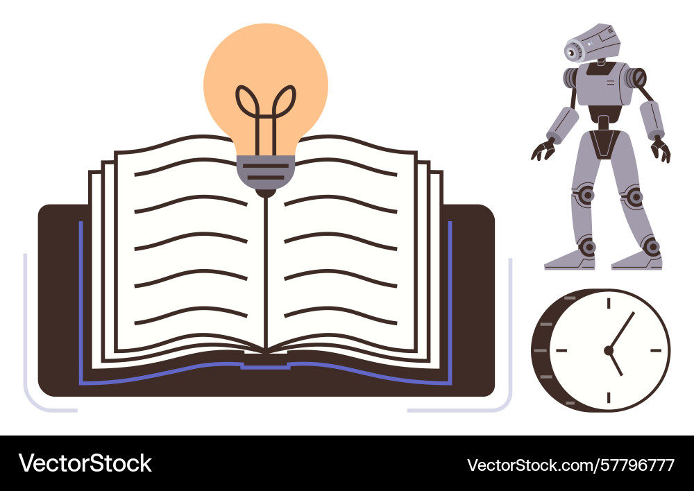 Open book with bulb symbolizing knowledge robot Open book with bulb symbolizing knowledge robot vector image