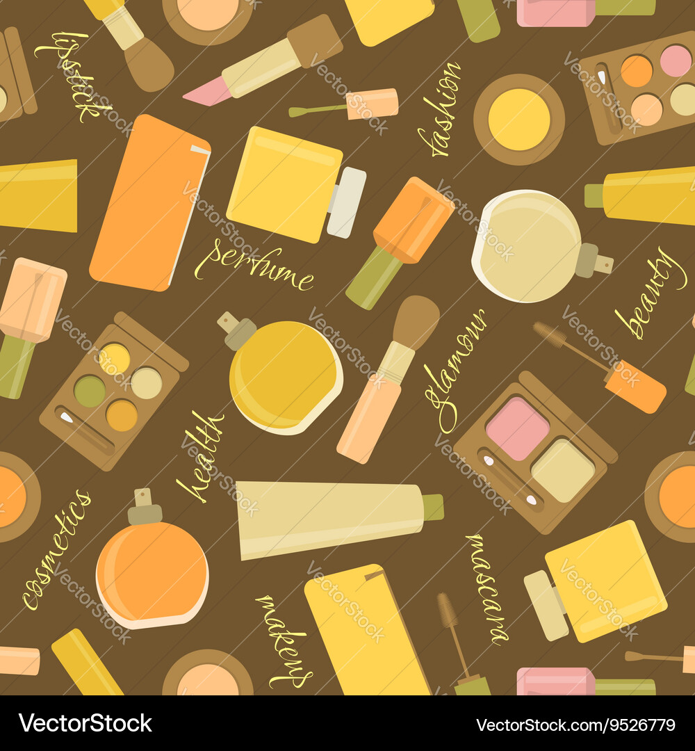 Seamless pattern with cosmetics and text Vector Image
