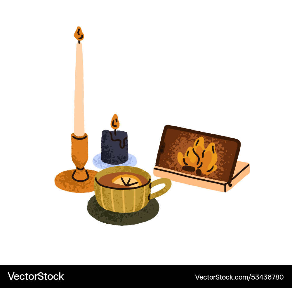 Candles tea cup fire on phone screen cozy hygge Candles tea cup fire on phone screen cozy hygge vector image