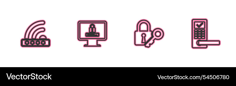 Set line wifi locked lock and key monitor Set line wifi locked lock and key monitor vector image