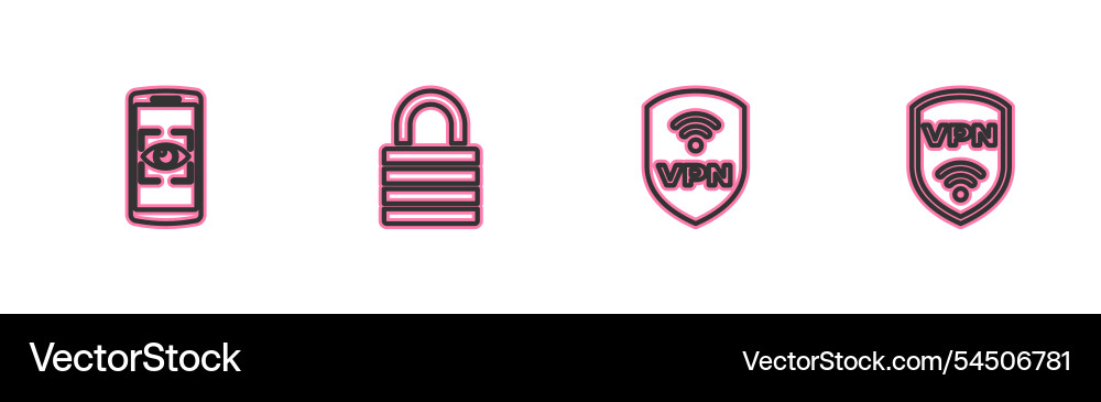 Set line mobile and eye scan shield with vpn vector image
