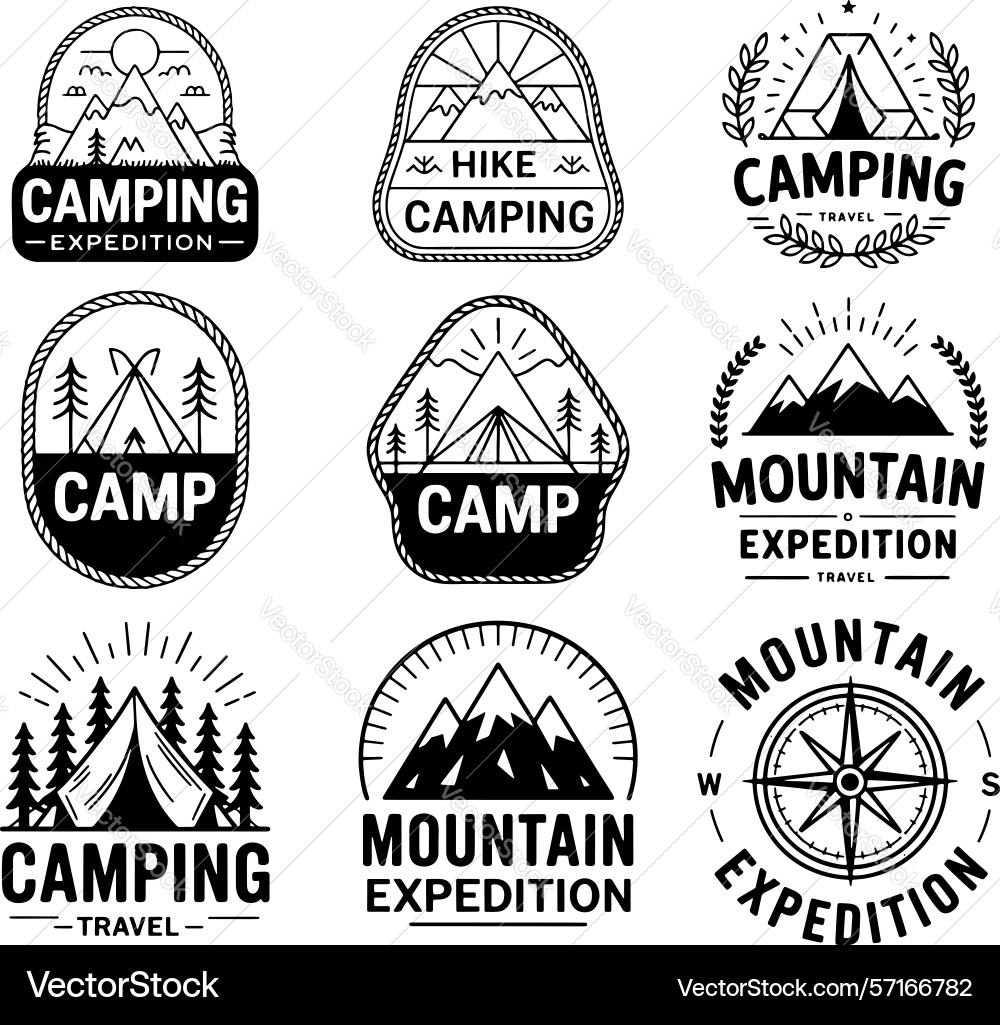 Set of camping hiking mountains outdoor emblems Set of camping hiking mountains outdoor emblems Vector Image