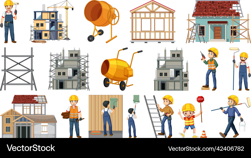 Set of construction site objects and workers vector image