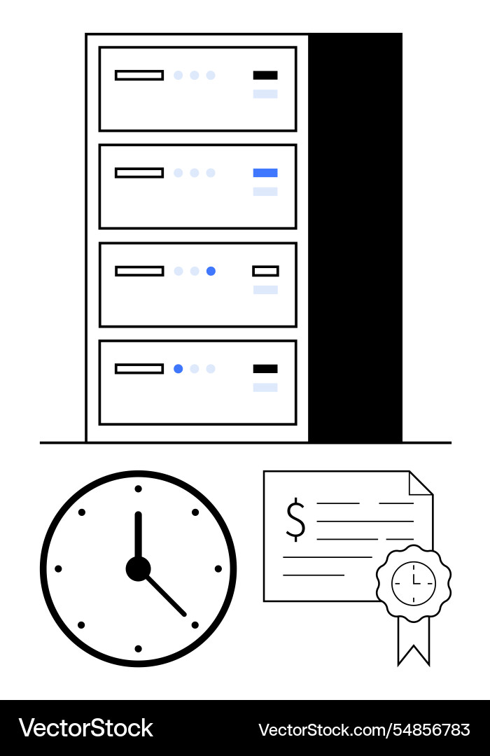 Server rack with clock and certification document Server rack with clock and certification document vector image