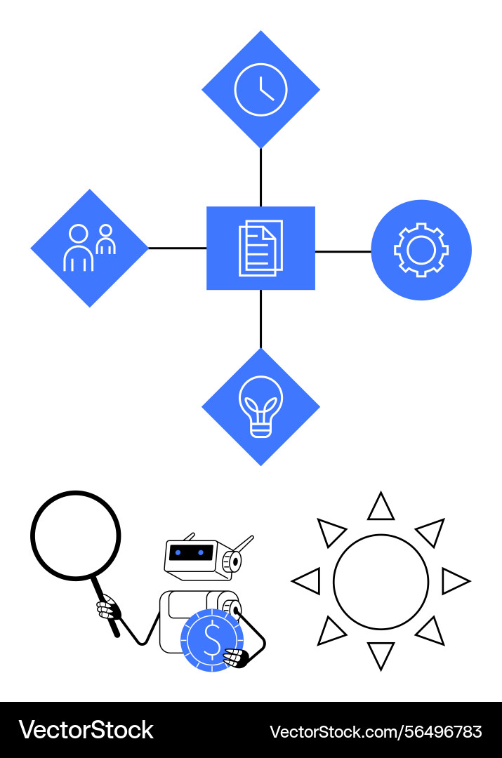 Workflow diagram with robot analyzing finances Vector Image