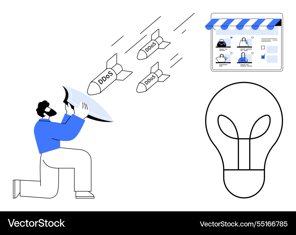 Man defends against ddos attacks with shield e Man defends against ddos attacks with shield e vector image