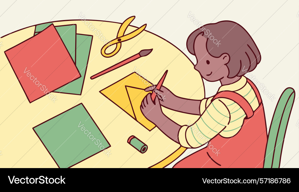 Child doing paper crafting with scissors design vector image