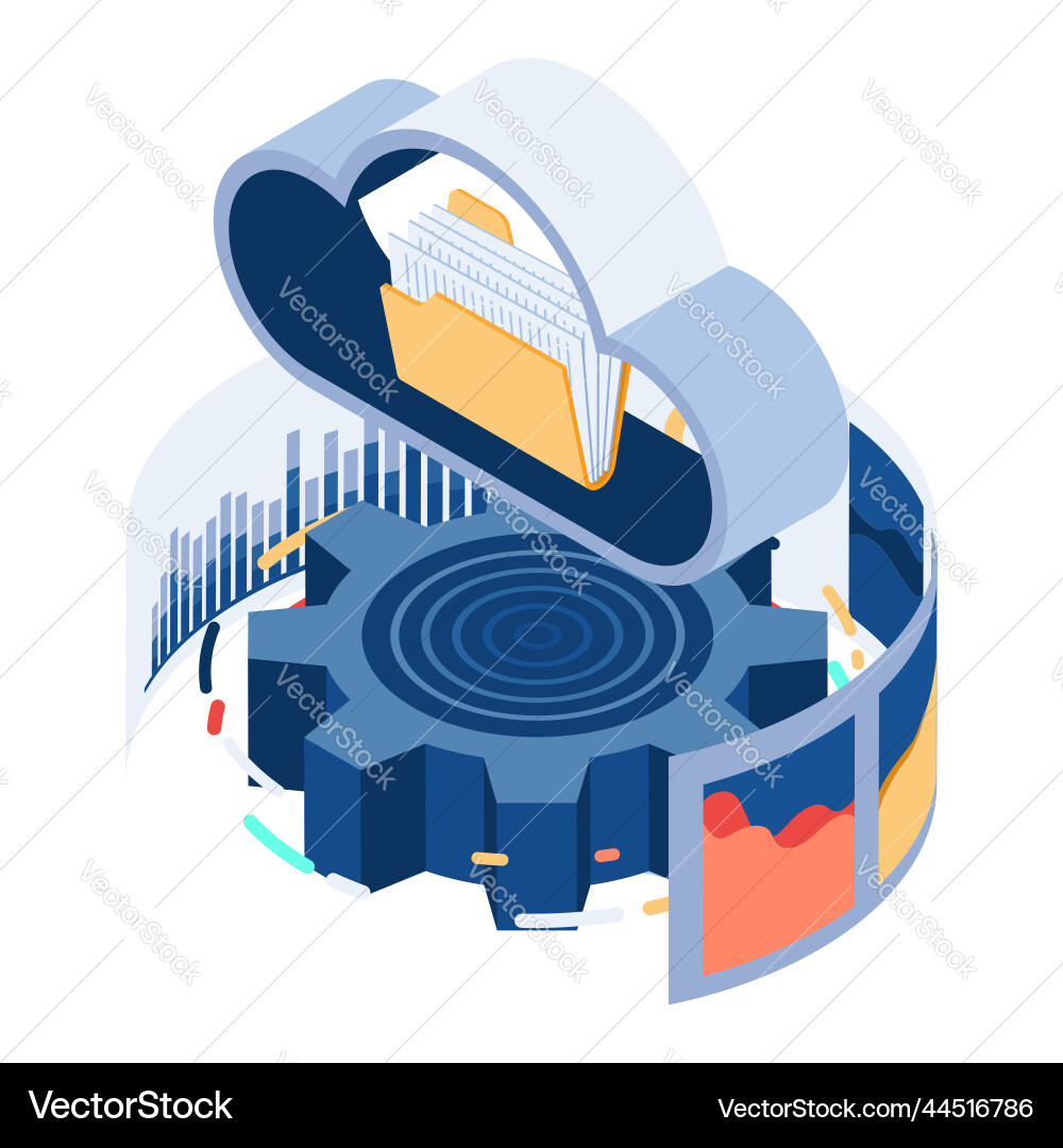 Isometric cloud and folder with data analytics Vector Image