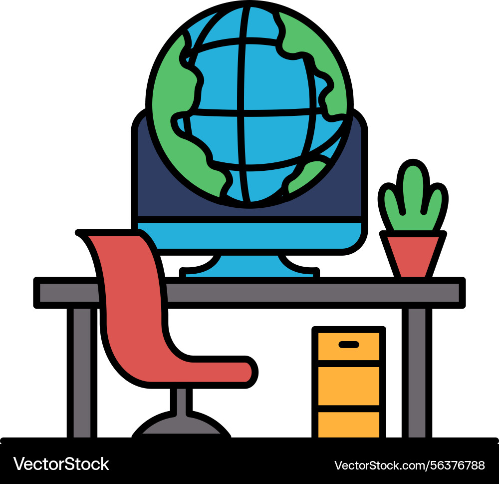 A computer monitor sits on desk with globe A computer monitor sits on desk with globe vector image