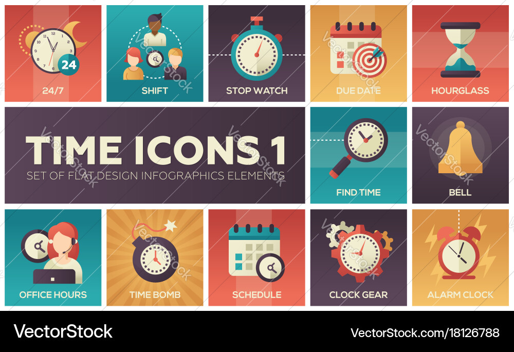 Modern Flat Time Icons - Set of Clock Graphics vector image