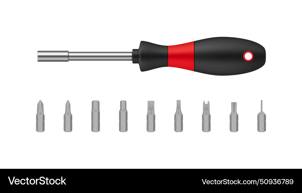 Screwdriver with magnetic bits different types set Screwdriver with magnetic bits different types set vector image