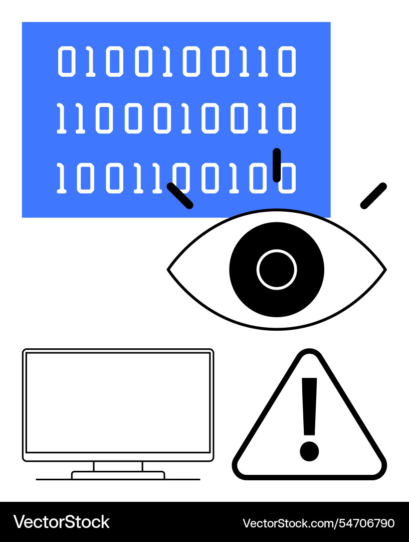 Eye observing binary code and monitor with warning Eye observing binary code and monitor with warning vector image