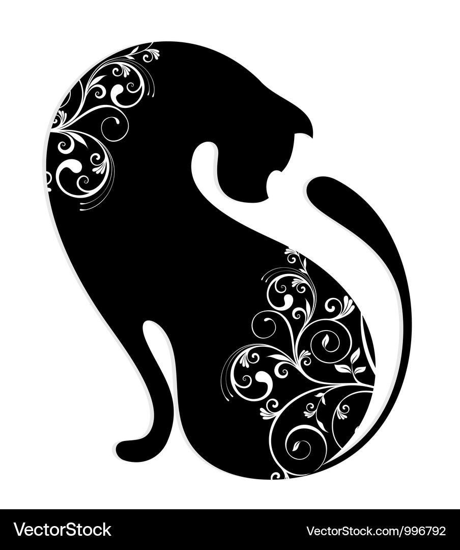 Elegant Floral Cat Silhouette Vector Image