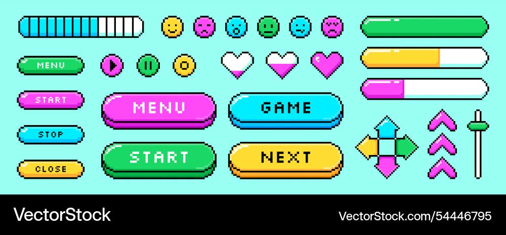 Pixel video game graphic elements ui buttons Pixel video game graphic elements ui buttons vector image
