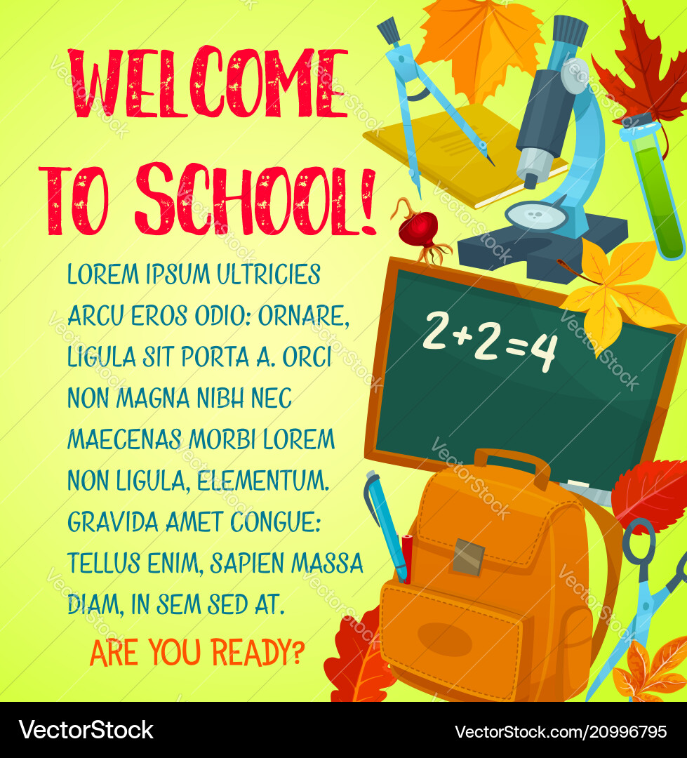 Welcome back to school greeting card template Welcome back to school greeting card template vector image