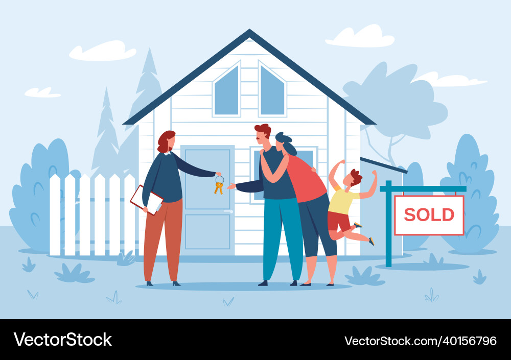Family buying new house real estate agent giving Family buying new house real estate agent giving vector image