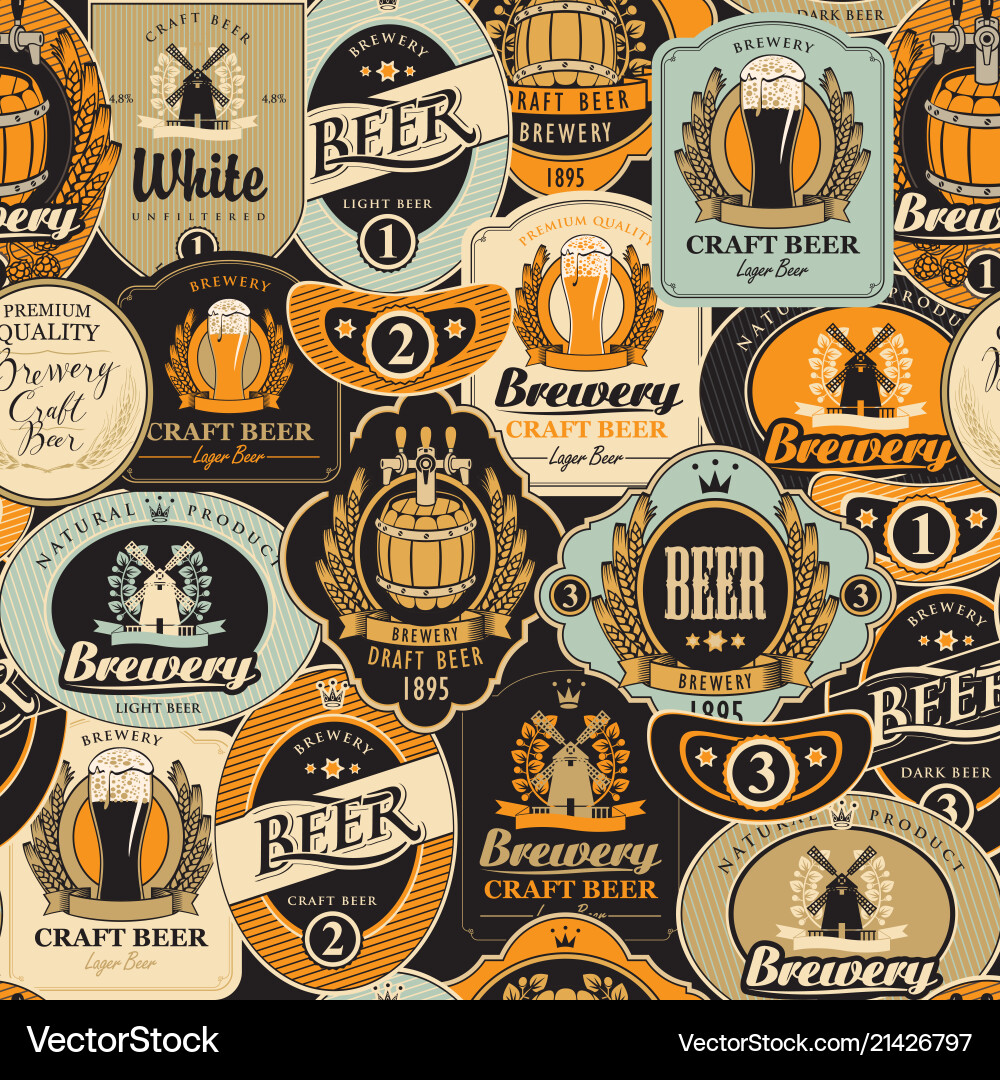 Seamless pattern with various beer labels Seamless pattern with various beer labels Vector Image