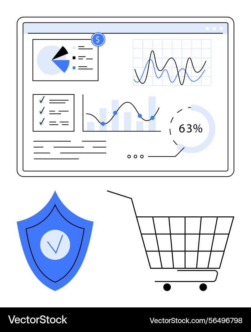 Dashboard with analytics cart security symbol Dashboard with analytics cart security symbol vector image