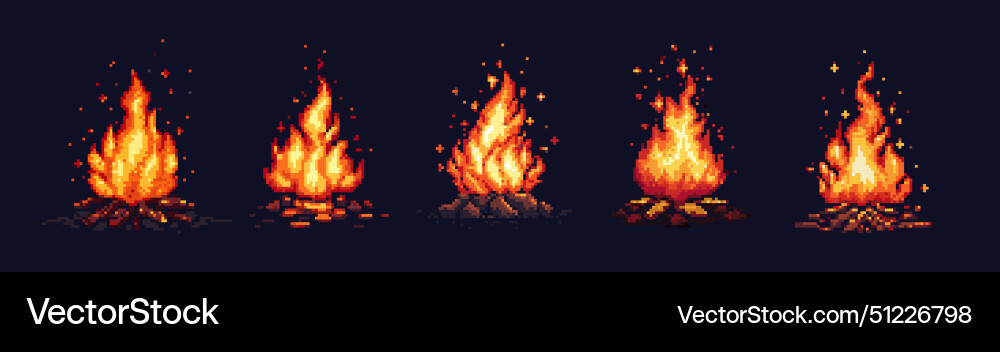 Pixel art campfire red bonfire fire wood burning vector image