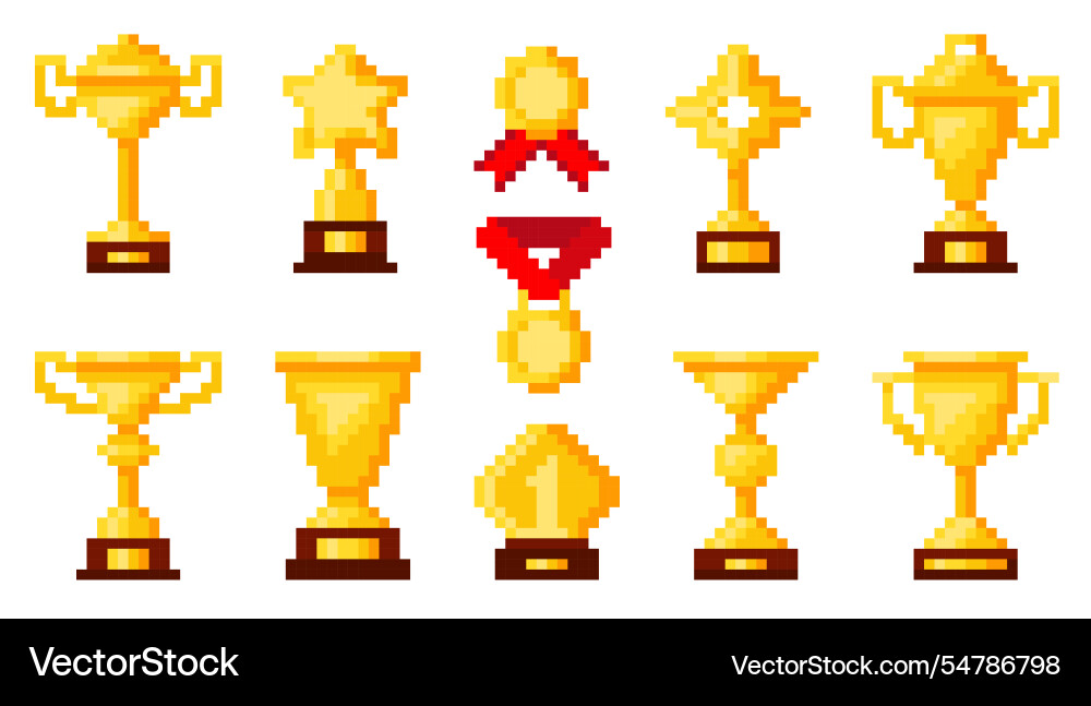 Pixel art golden trophies winner rewards first Pixel art golden trophies winner rewards first vector image