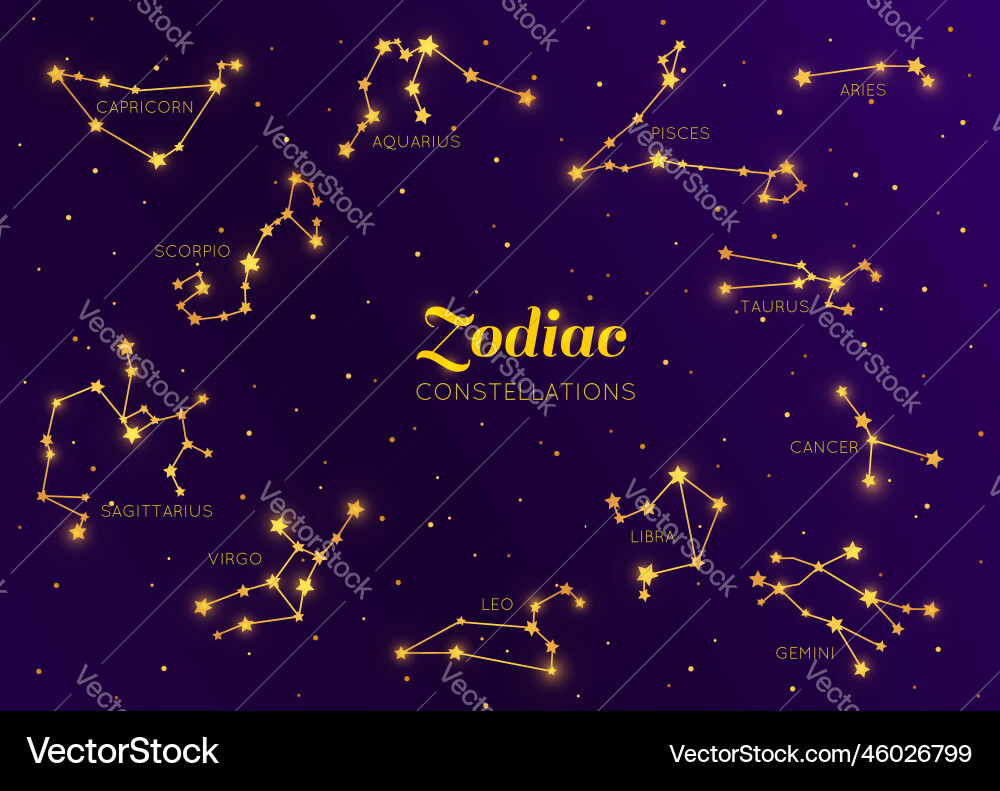 Golden zodiac constellations sky map Golden zodiac constellations sky map vector image
