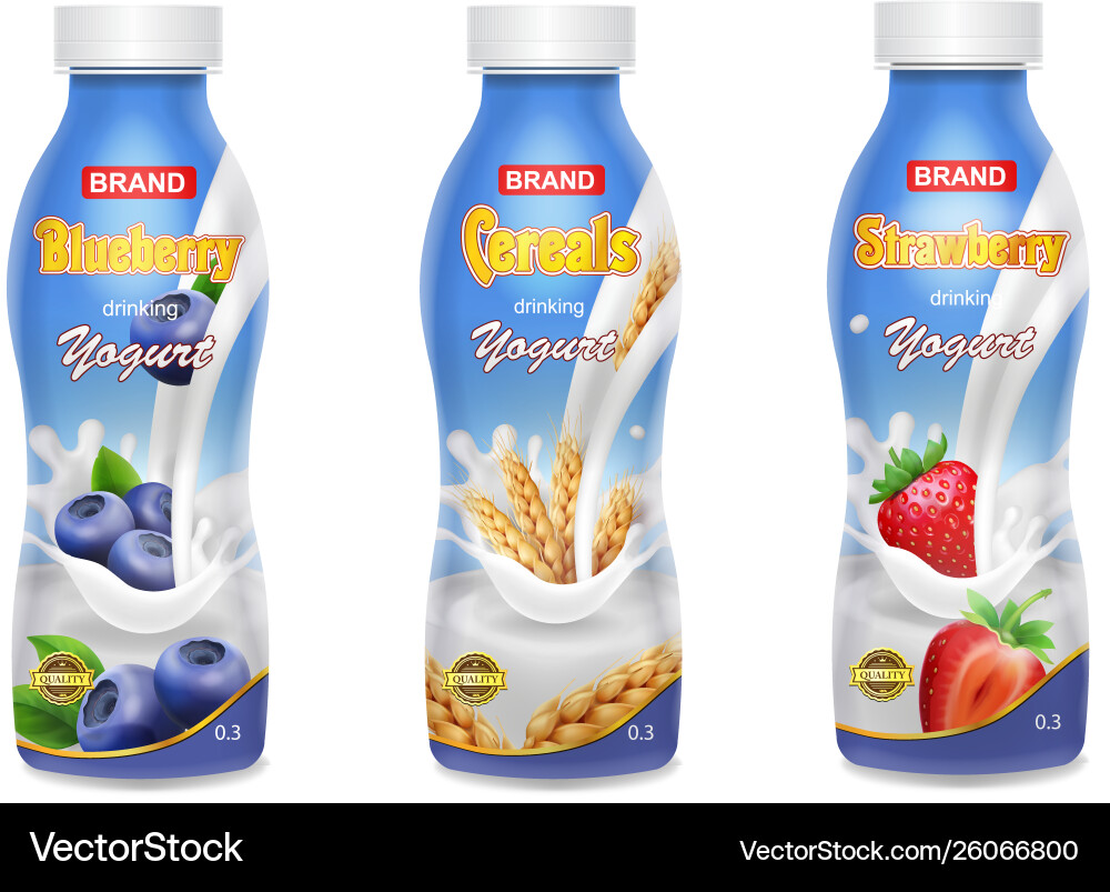 Drinking yogurt in bottles set with berries Vector Image