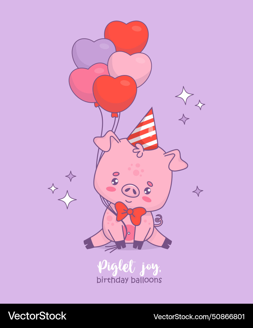 Cute happy pig in birthday cap with balloons Cute happy pig in birthday cap with balloons vector image