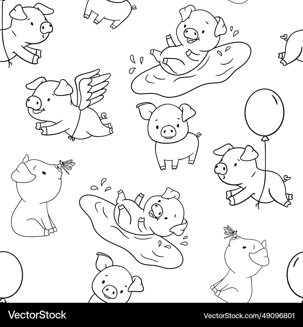 Seamless pattern with cute outline piglet Vector Image