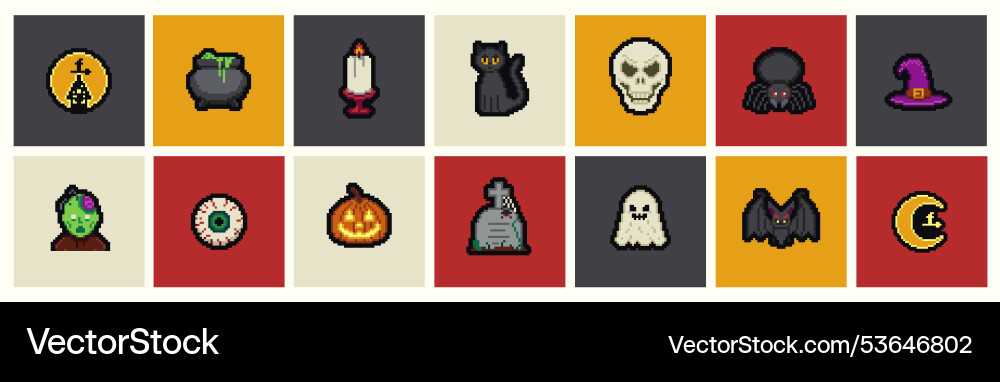 Pixel art halloween icons and objects background Pixel art halloween icons and objects background vector image