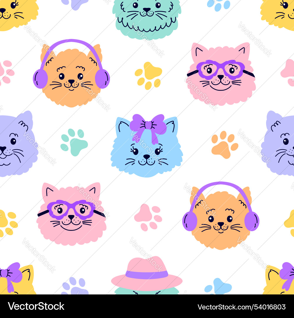 Seamless pattern with cat faces and paws Vector Image