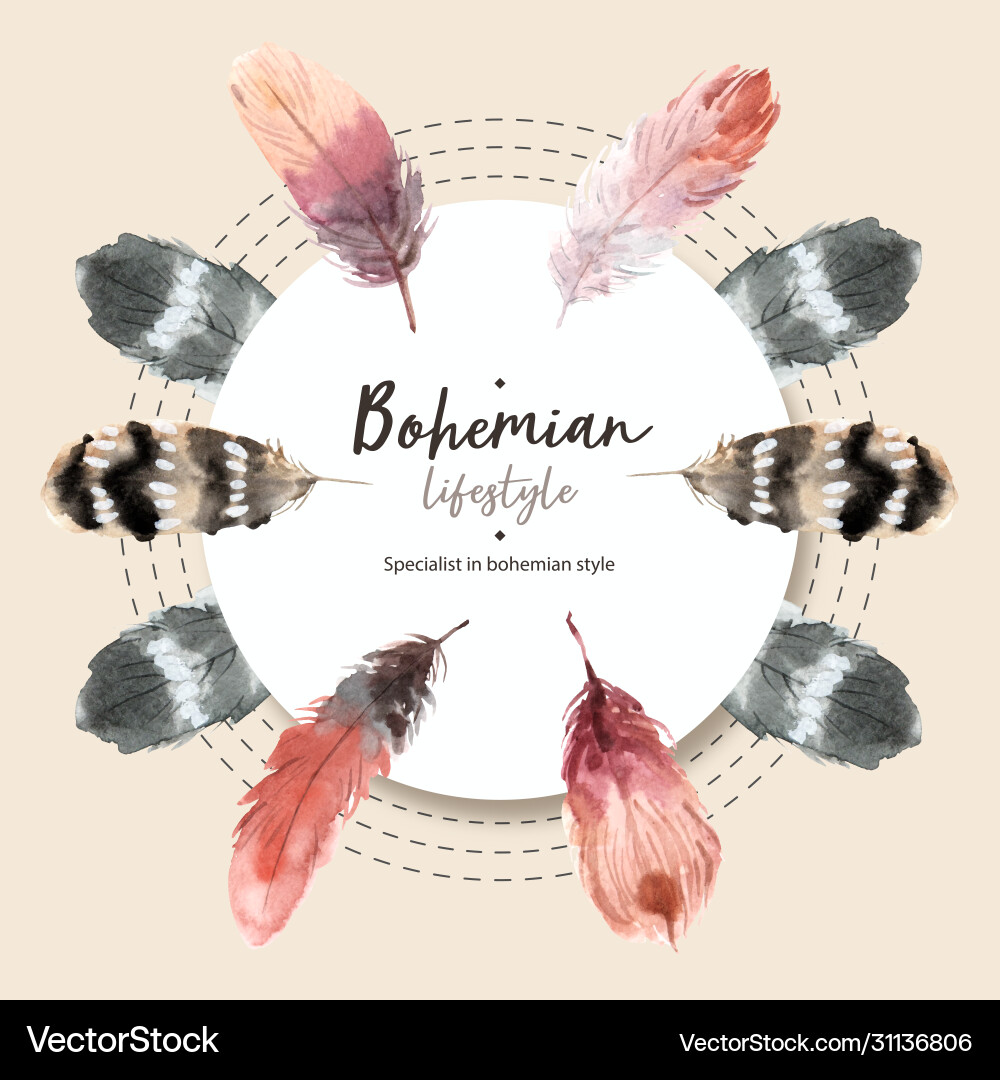 Bohemian wreath design with various feathers Vector Image