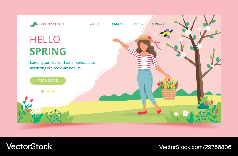 Frau mit Frühlingsblumen im Warenkorb Landing Seite Frau mit Frühlingsblumen im Warenkorb Landing Seite vektorbild