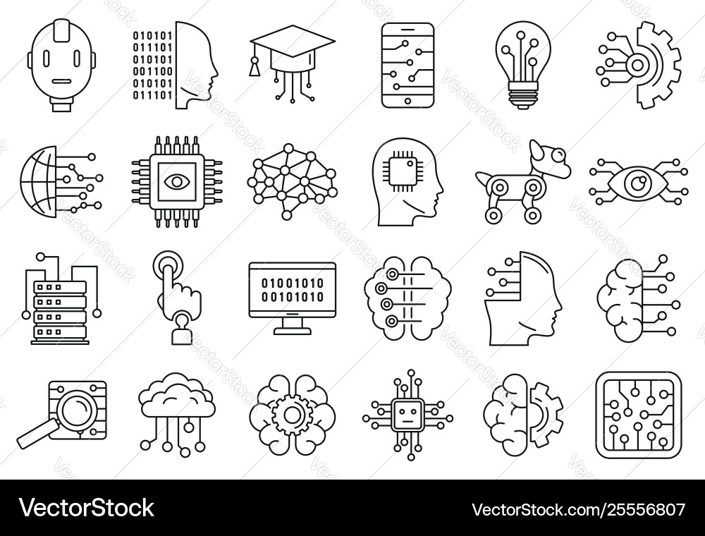 Artificial intelligence system icons set outline Artificial intelligence system icons set outline vector image