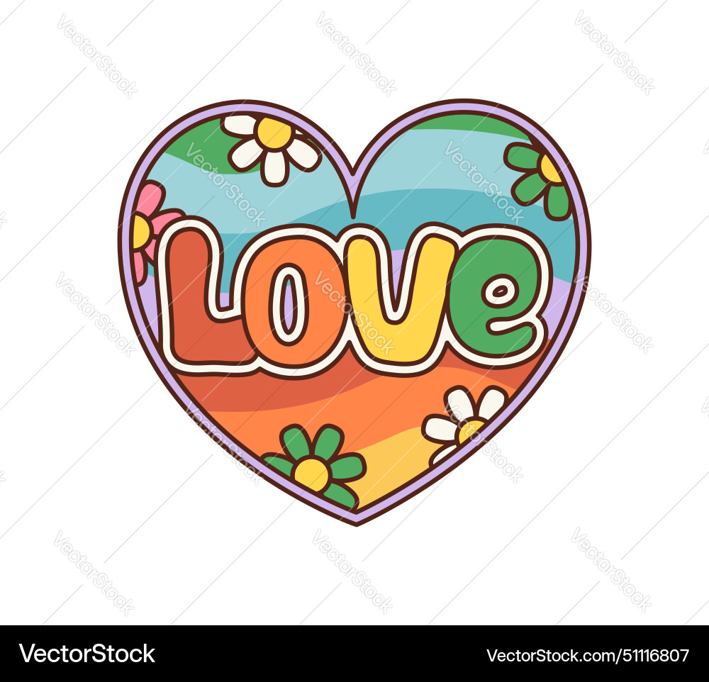 Cartoon retro groovy love heart with rainbow Cartoon retro groovy love heart with rainbow vector image