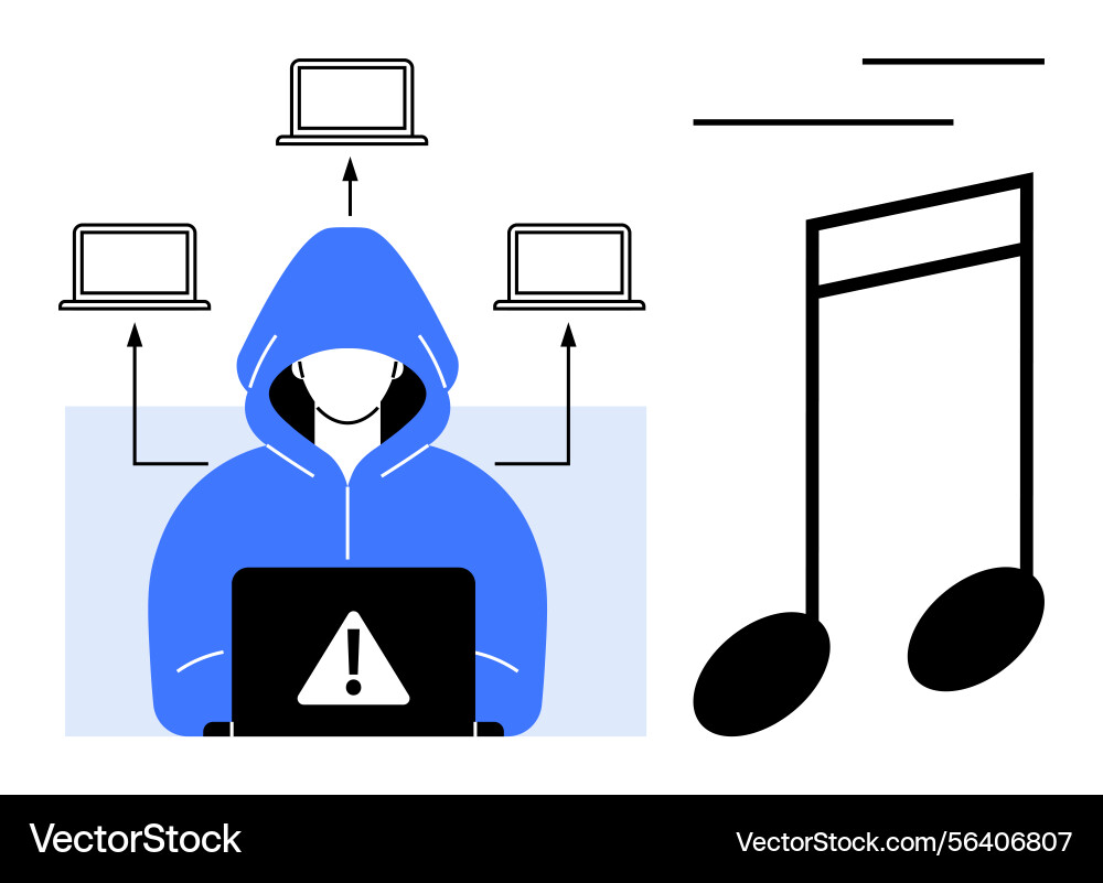 Hacker in hoodie accessing connected laptops near Hacker in hoodie accessing connected laptops near vector image